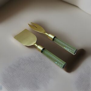 Mid-Century Modern Brass Cheese Server Set With Light Green Lucite Handles